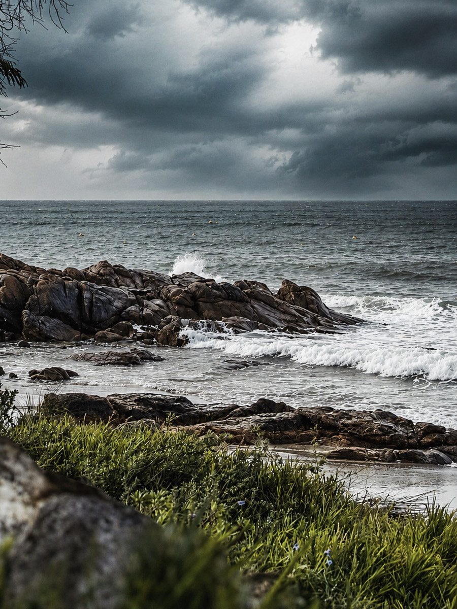 Stormy winter coastline in South West WA, waves breaking over rocks